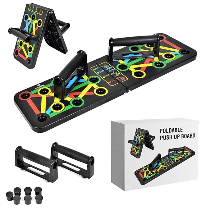 Foldable push up board hero shot on white background, colour-coded zones for chest shoulders triceps back