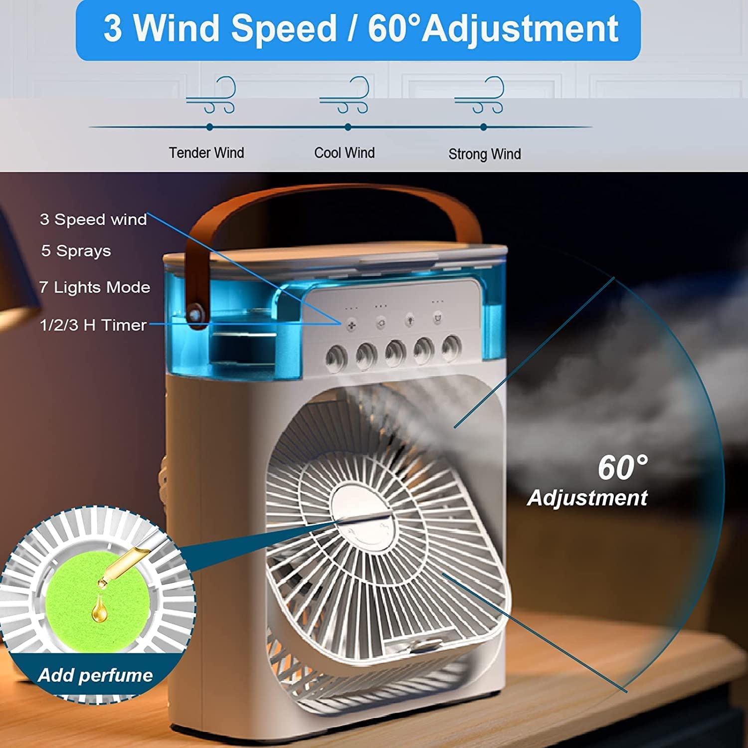 Air cooler mist fan in bedroom setting, compact size fits on bedside table or office desk